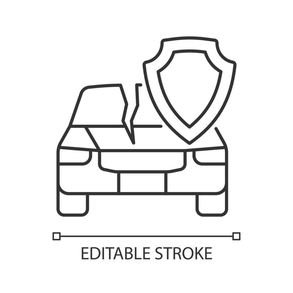 Car damage insurance policy linear icon. Road accident insurance protection. Thin line customizable illustration. Contour symbol. Vector isolated outline drawing. Editable stroke. Arial font used