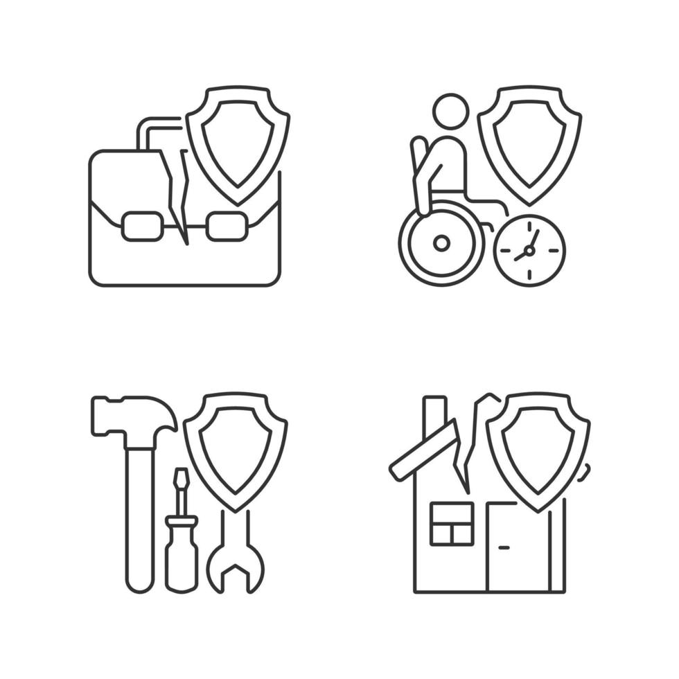 Accidents insurance types linear icons set. Financial support of customers. Customers protection. Payments for accidents. Customizable thin line contour symbols. Isolated vector outline illustrations