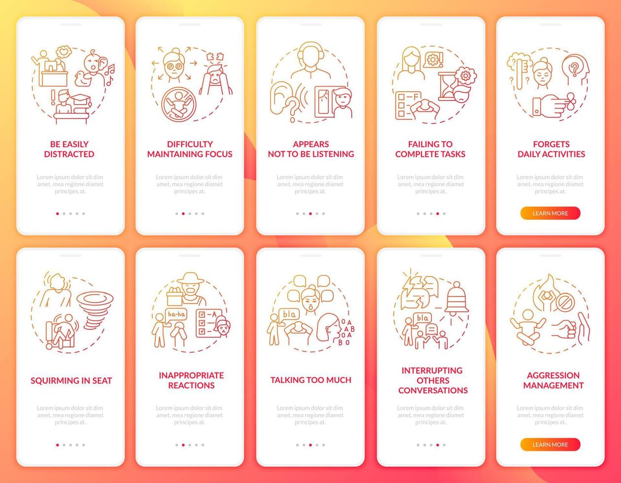 ADHD diagnosis test onboarding mobile app page screen set. Impulsive behavior signs walkthrough 5 steps graphic instructions with concepts. UI, UX, GUI vector template with linear color illustrations