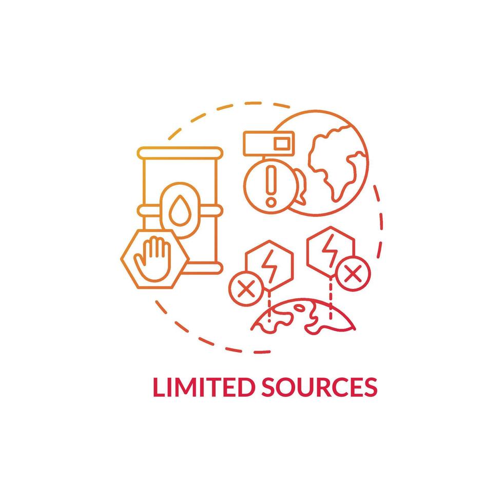 Limited sources red gradient concept icon. Non renewable fossil fuel resources abstract idea thin line illustration. Isolated outline drawing. Roboto-Medium, Myriad Pro-Bold fonts used vector