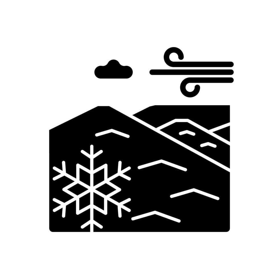 Cold desert black glyph icon. Polar desert. Snow and ice covered large plain area. Low temperature region. Arctic land type. Silhouette symbol on white space. Vector isolated illustration