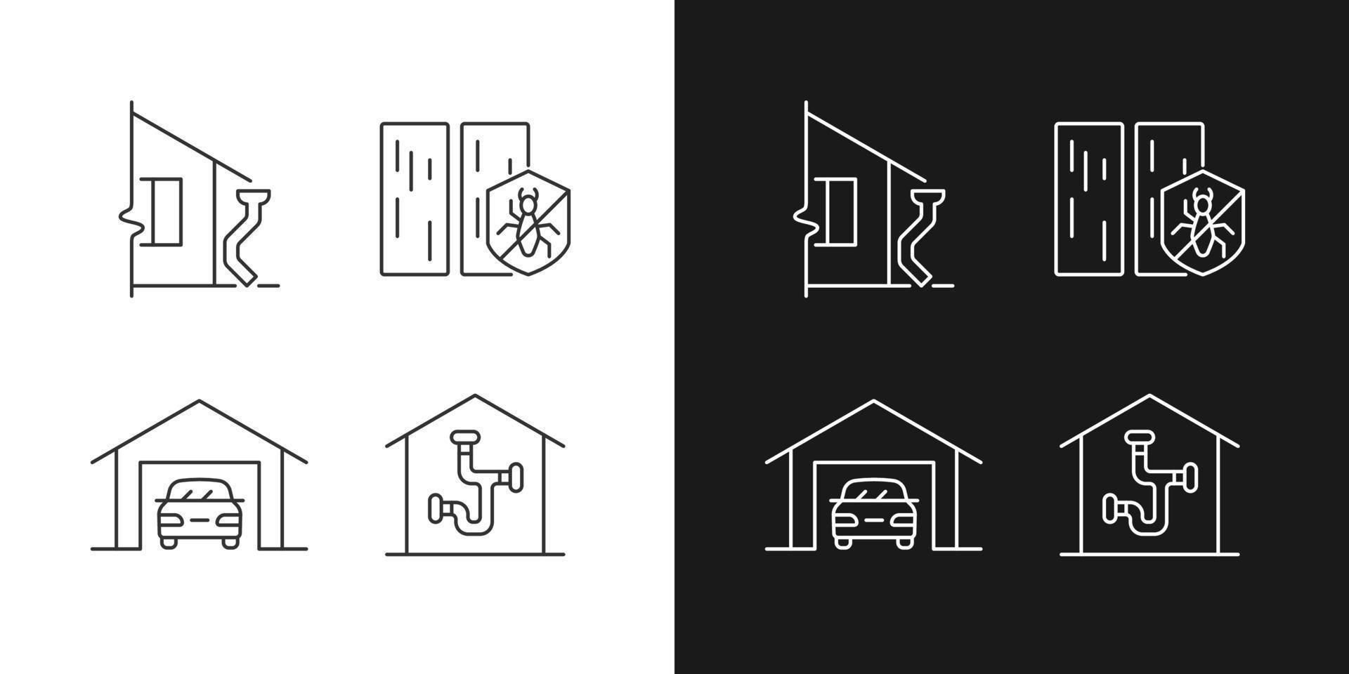 Residential construction linear icons set for dark and light mode. Roof drainage system. Protection from termite. Customizable thin line symbols. Isolated vector outline illustrations. Editable stroke