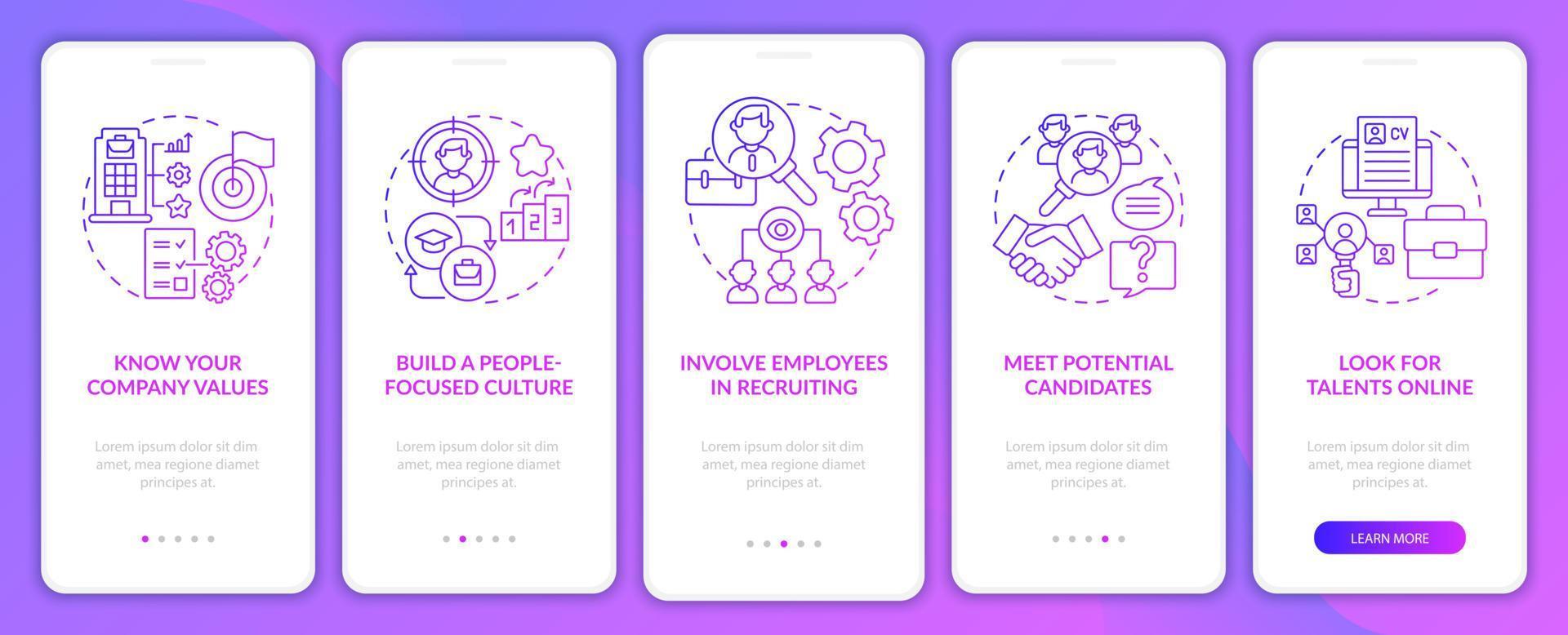Attracting top clients gradient purple onboarding mobile app page screen. Walkthrough 5 steps graphic instructions with concepts. UI, UX, GUI vector template with linear color illustrations