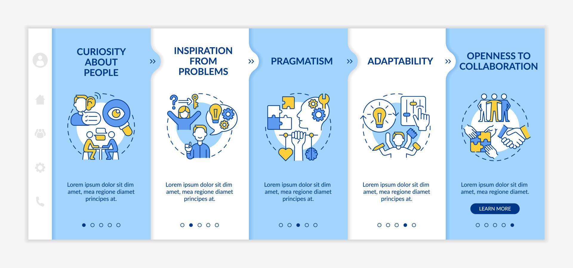 Social entrepreneurship characteristics onboarding vector template. Responsive mobile website with icons. Web page walkthrough 5 step screens. Social business color concept with linear illustrations