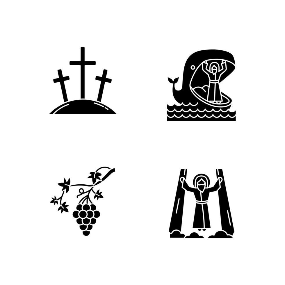 Bible narratives glyph icons set. Calvary, Jonah and whale, grapevine, ascension of Jesus Christ. Christian stories. Holy writ studying, learning. Silhouette symbols. Vector isolated illustration