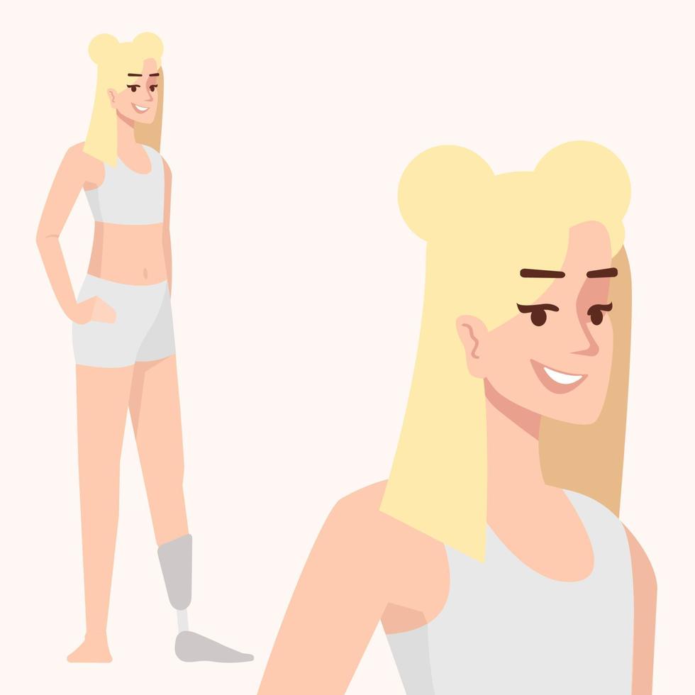 Disabled woman flat vector illustration. Body positive and feminism. Blonde girl. Female with prosthetic leg. Caucasian smiling lady dressed in lingerie isolated cartoon character on white background