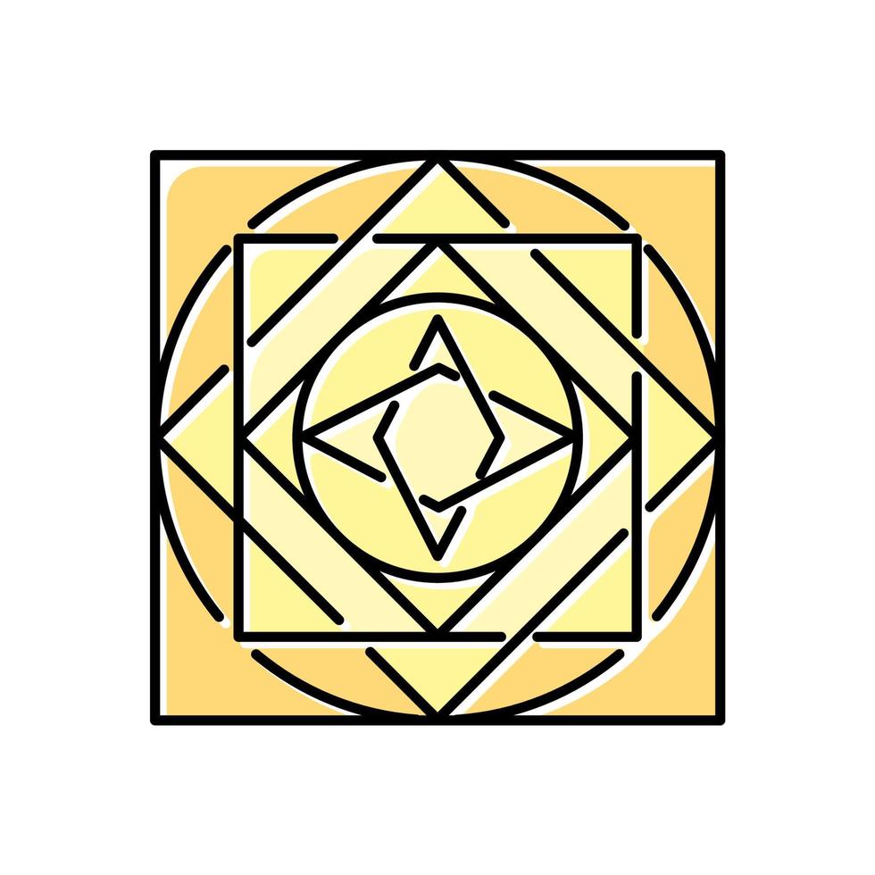 Ornate square color icon. Decorative geometric figure. Circles and square elements. Dynamic abstract cubic shape. Complex isometric form. Simple print. Isolated vector illustration