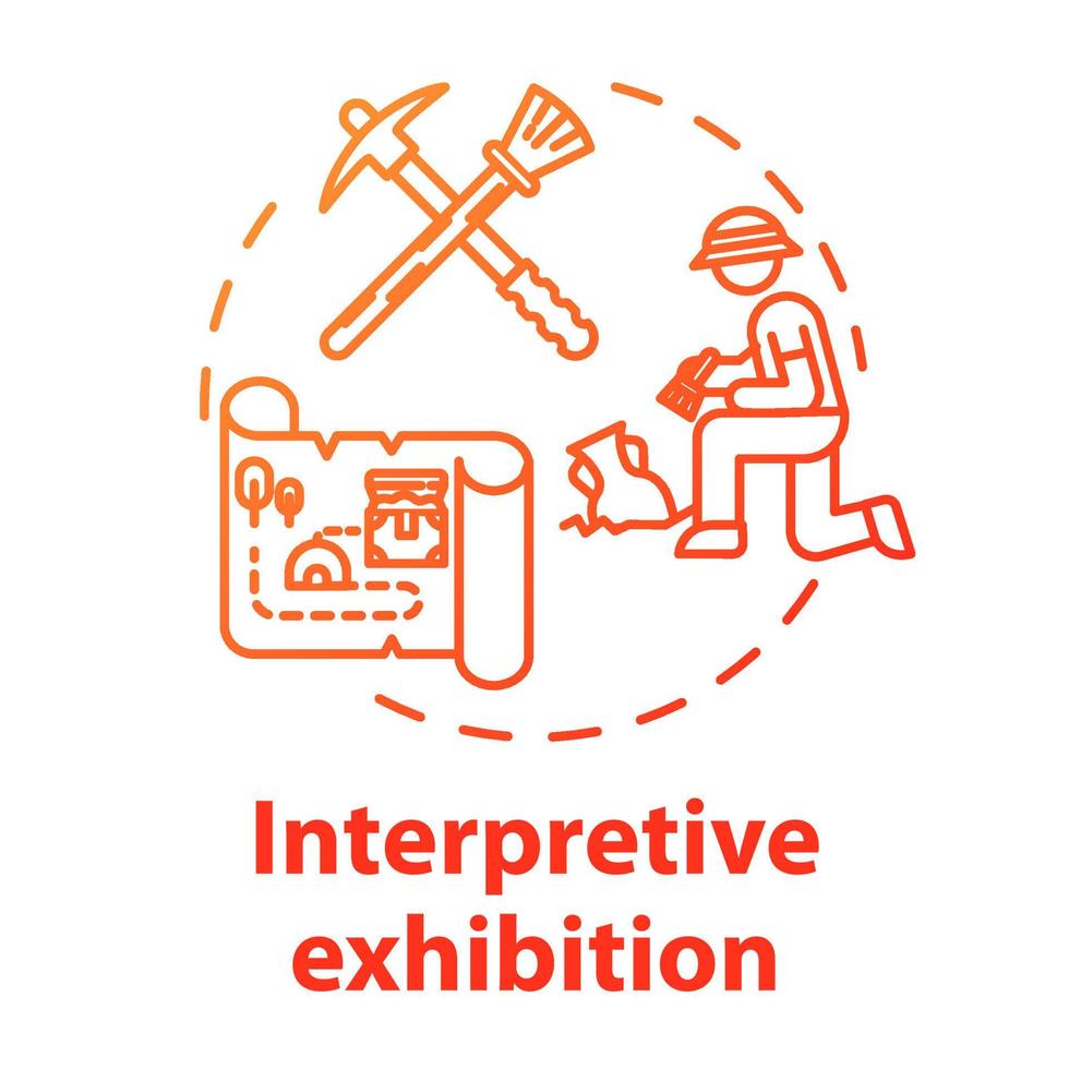 Interpretive exhibition concept icon. Archeology excavation, anthropology. Ancient history item display. Interactive museum exposition idea thin line illustration. Vector isolated outline drawing