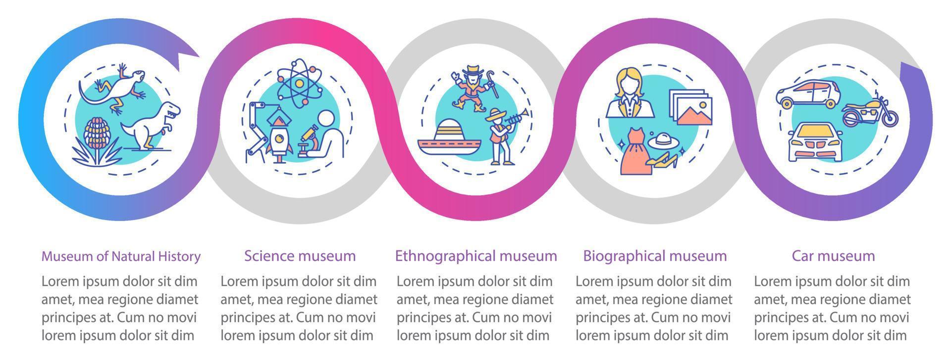 plantilla de infografía vectorial de exposición y museo. elementos de diseño de presentación de historia natural. visualización de datos con cinco pasos. gráfico de línea de tiempo del proceso. diseño de flujo de trabajo con iconos lineales vector