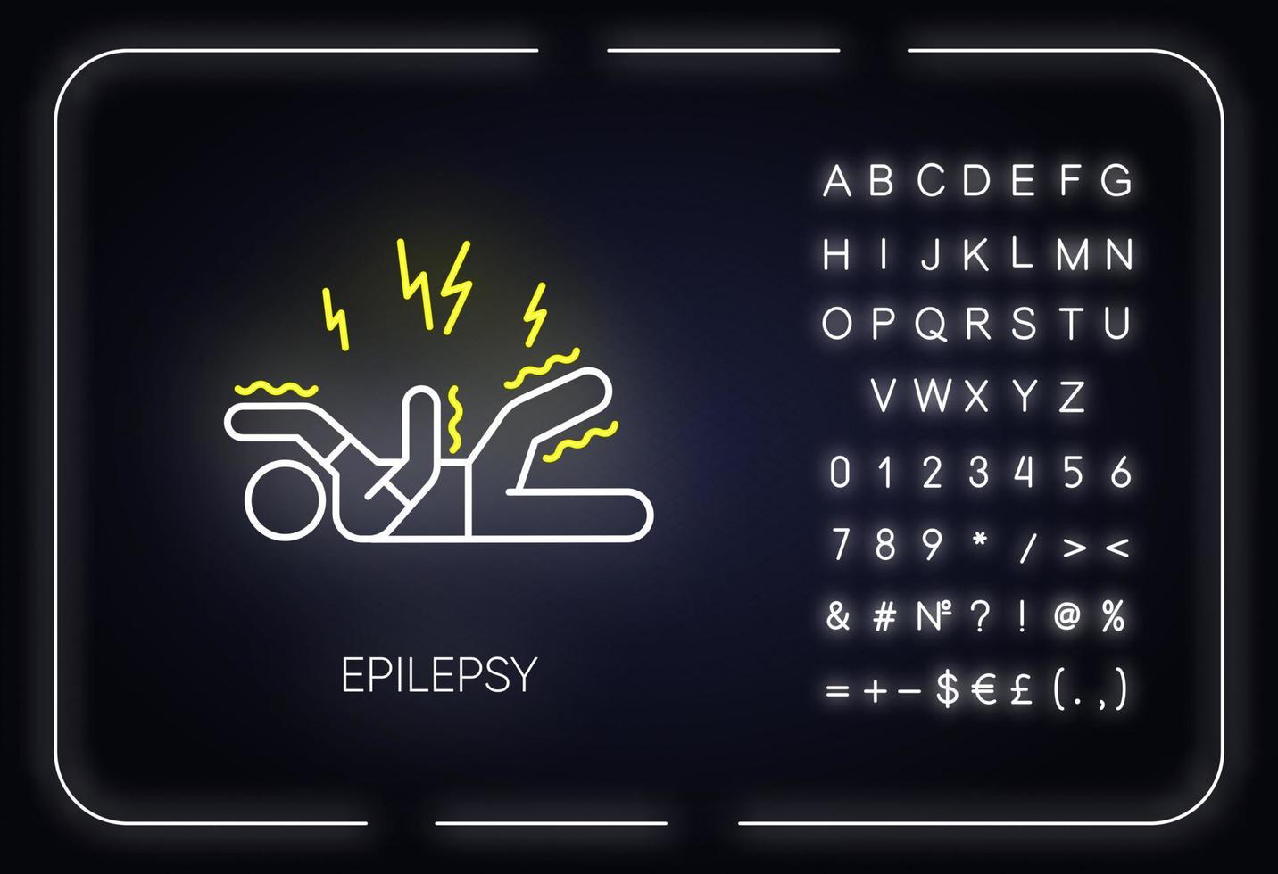 icono de luz de neón de epilepsia. ataque convulsivo. estremecimiento y temblor. problema de movimiento accidente cerebrovascular epiléptico. trastorno mental. signo brillante con alfabeto, números y símbolos. ilustración vectorial aislada vector