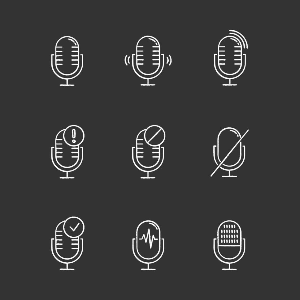 Microphone connection problem chalk icons set. Sound recorders idea. Connected mics. Different voice commands. Music equipment. Modern digital devices. Isolated vector chalkboard illustrations