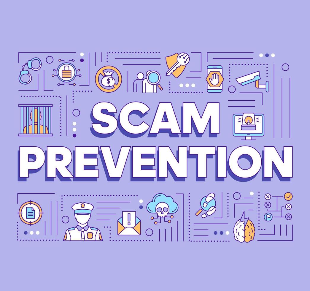 Scam prevention word concepts banner. Fraud protection presentation, website. Criminal liability. Stopping illegal actions. Isolated lettering idea with linear icons. Vector outline illustration