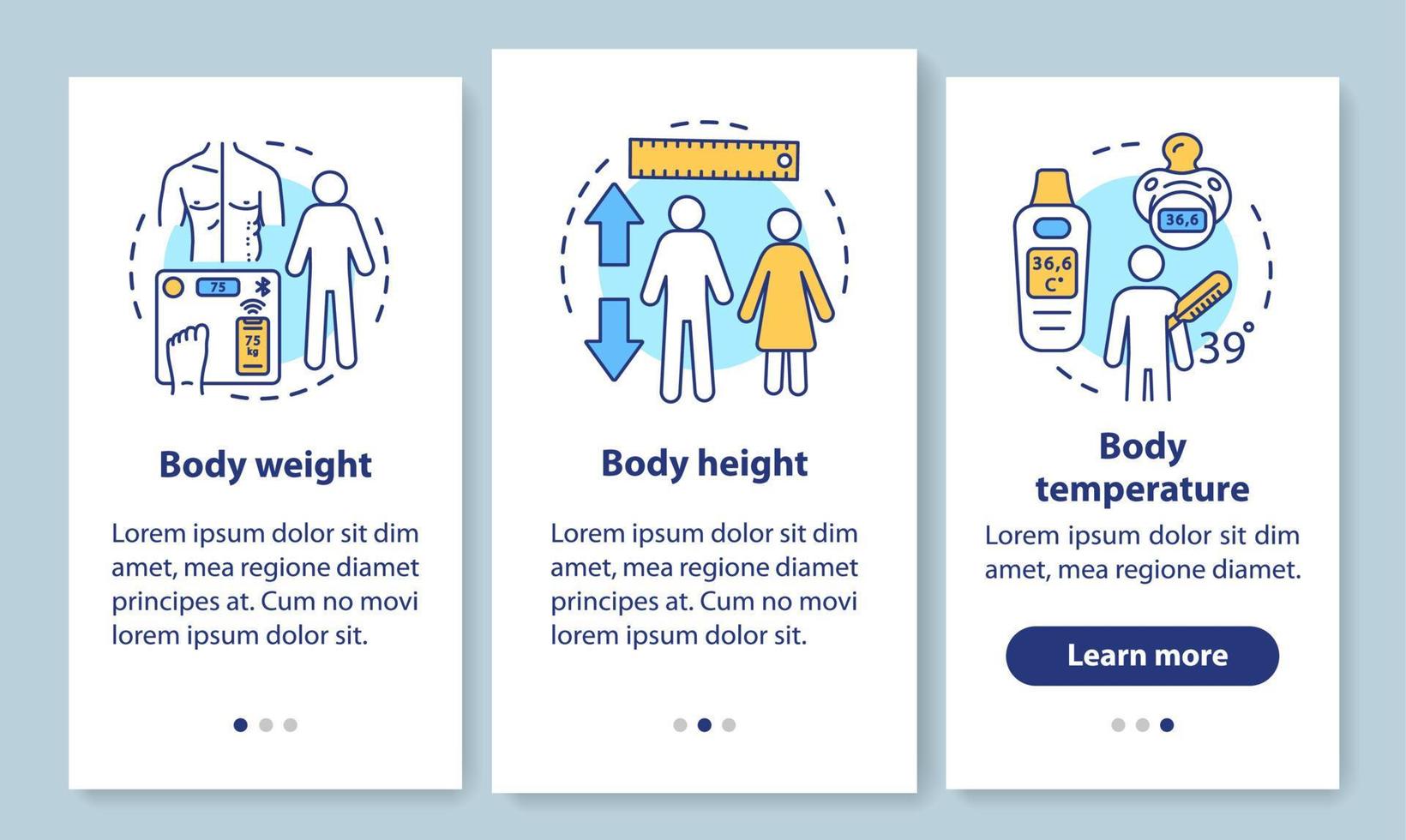 Body measurement onboarding mobile app page screen with linear concepts. Three walkthrough steps graphic instructions. Body weight, height and temperature. UX, UI, GUI vector template, illustrations