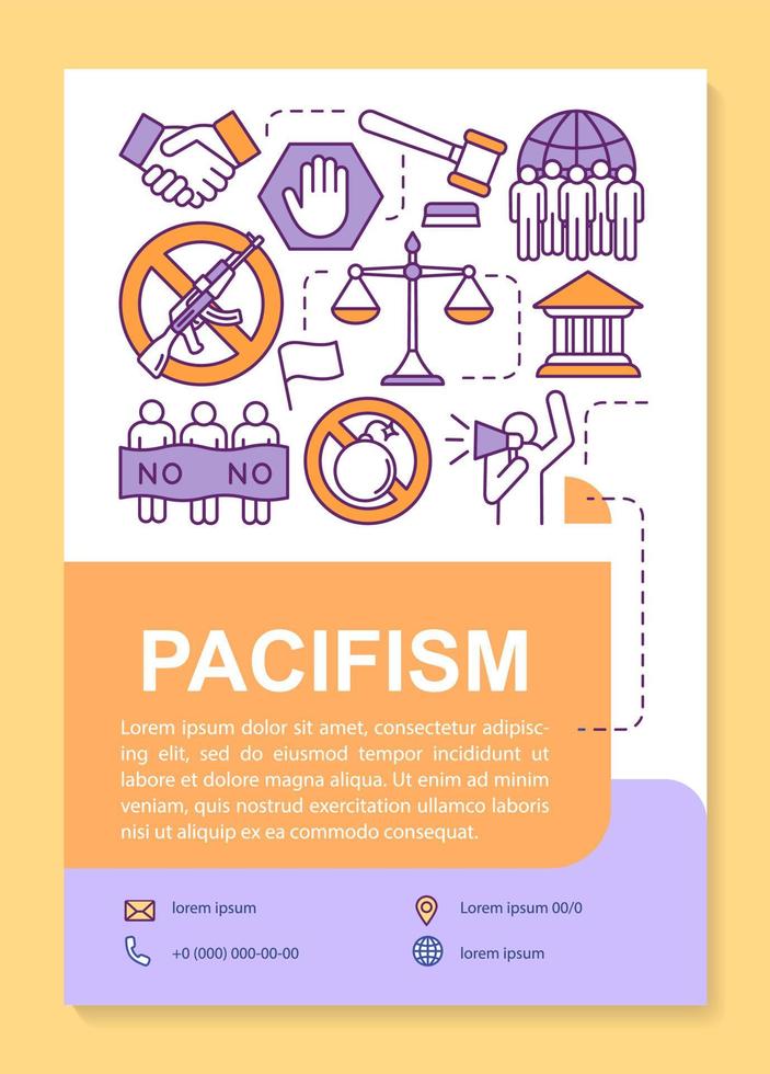 diseño de plantilla de póster de pacifismo. pancarta de demostración pacífica, folleto, diseño de impresión de folletos con iconos lineales. diseños de página de folletos vectoriales de resistencia no violenta para revistas, volantes publicitarios vector