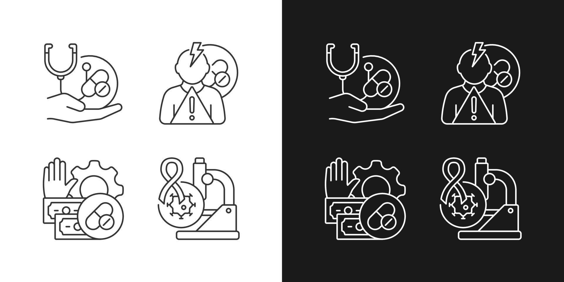 Drug-potency studies linear icons set for dark and light mode. Improving treatment. Side effects risk. Customizable thin line symbols. Isolated vector outline illustrations. Editable stroke