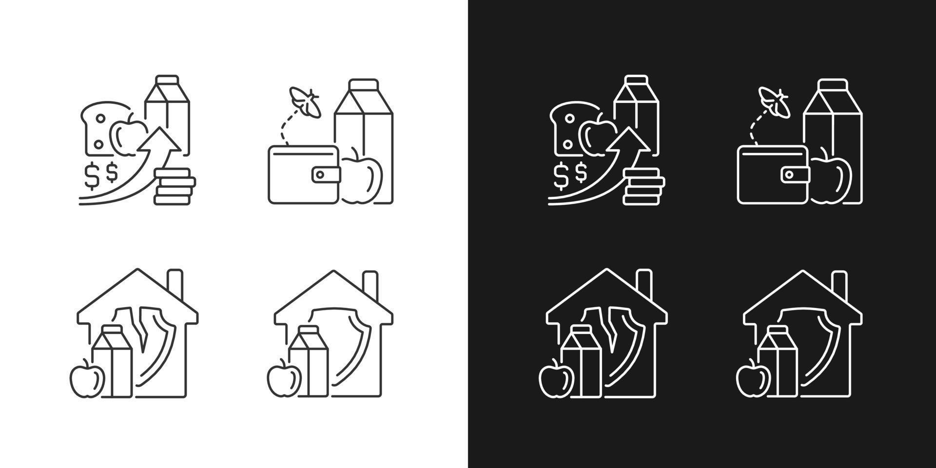 Poverty and hunger linear icons set for dark and light mode. No money for products. Increased prices. Customizable thin line symbols. Isolated vector outline illustrations. Editable stroke