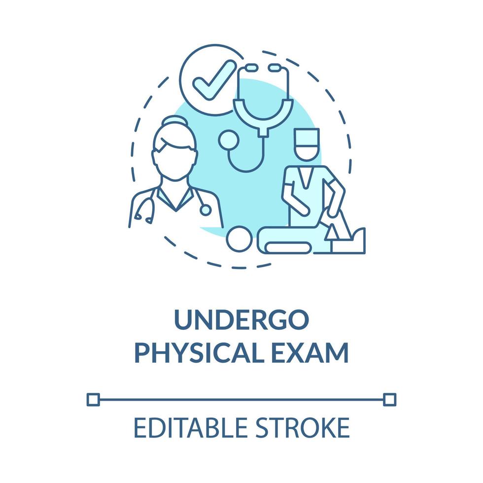 someterse a un icono de concepto azul de examen físico. tratamiento de salud. control hospitalario. fisioterapia idea abstracta ilustración de línea delgada. dibujo de color de contorno aislado vectorial. trazo editable vector