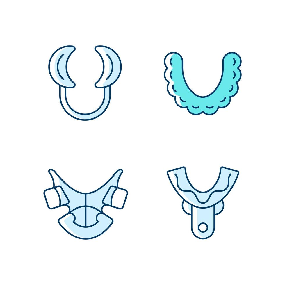 Orthodontic appliances RGB color icons set. Realigning teeth device. Cheek retractor. Impression tray. Straightening treatment. Isolated vector illustrations. Simple filled line drawings collection