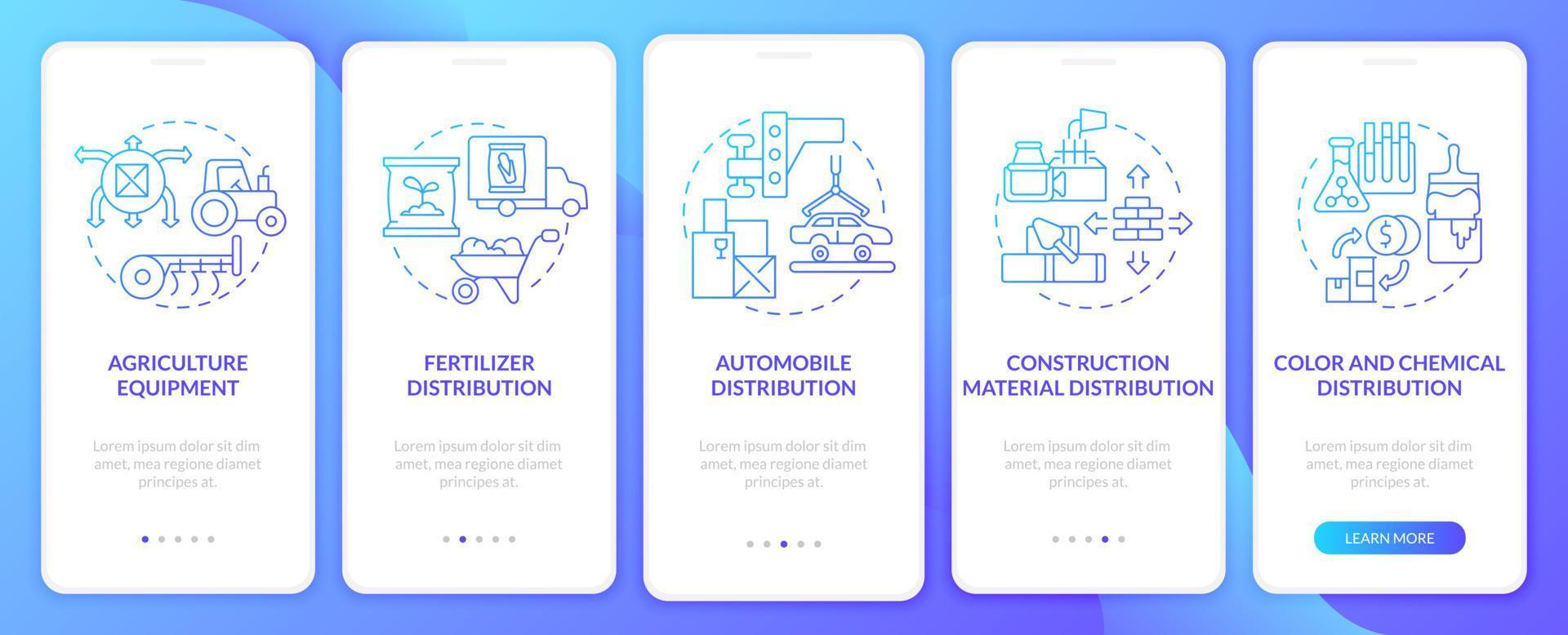 Distributor startup ideas onboarding mobile app page screen. Wholesale walkthrough 5 steps graphic instructions with concepts. UI, UX, GUI vector template with linear color illustrations