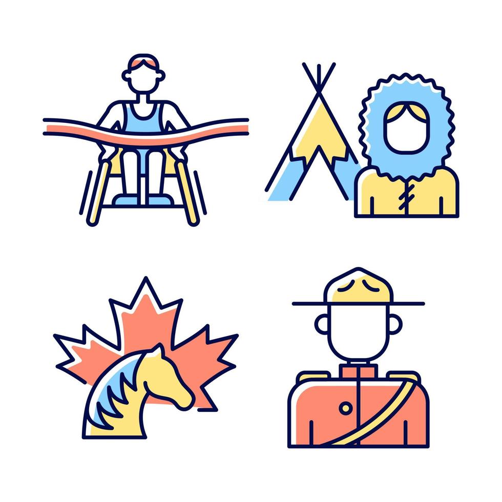 People of Canada RGB color icons set. Famous para athletes. Mounted police uniform. Inuit nationality. Canadian horse. Isolated vector illustrations. Simple filled line drawings collection