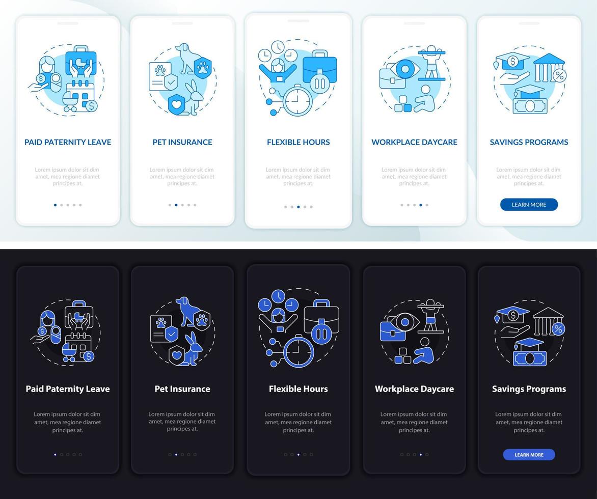 Staff with kids perks onboarding mobile app page screen. Walkthrough 5 steps graphic instructions with linear concepts. UI, UX, GUI template. Night and day mode. Myriad Pro-Bold, Regular fonts used vector