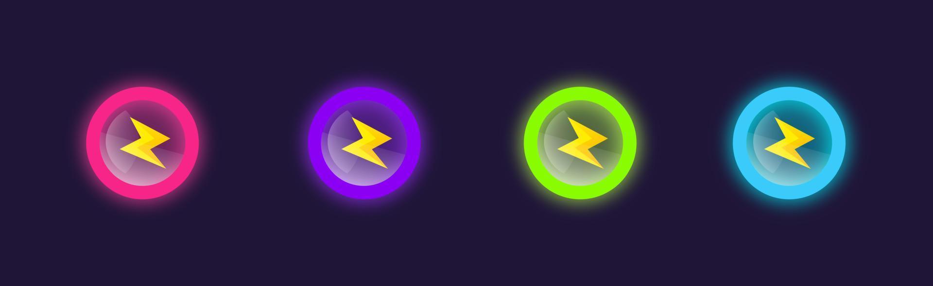 juego ui de energía, resistencia, velocidad, potencia. insignia de iconos de rayos para la interfaz de usuario del juego. iconos de escudo con relámpagos. vector