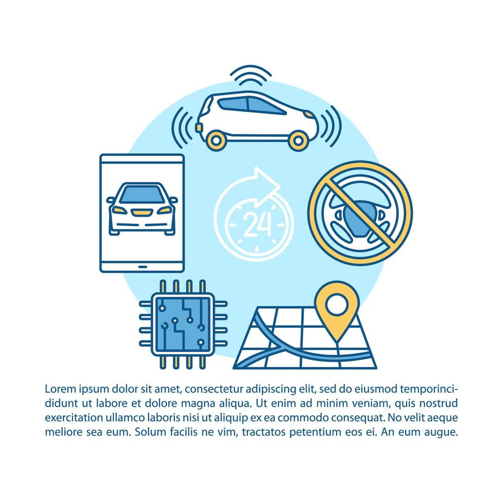 Driverless taxi article page vector template. Self driving vehicle. Autonomous automobile. Brochure, magazine, booklet design element with linear icons and text. Print design. Concept illustrations