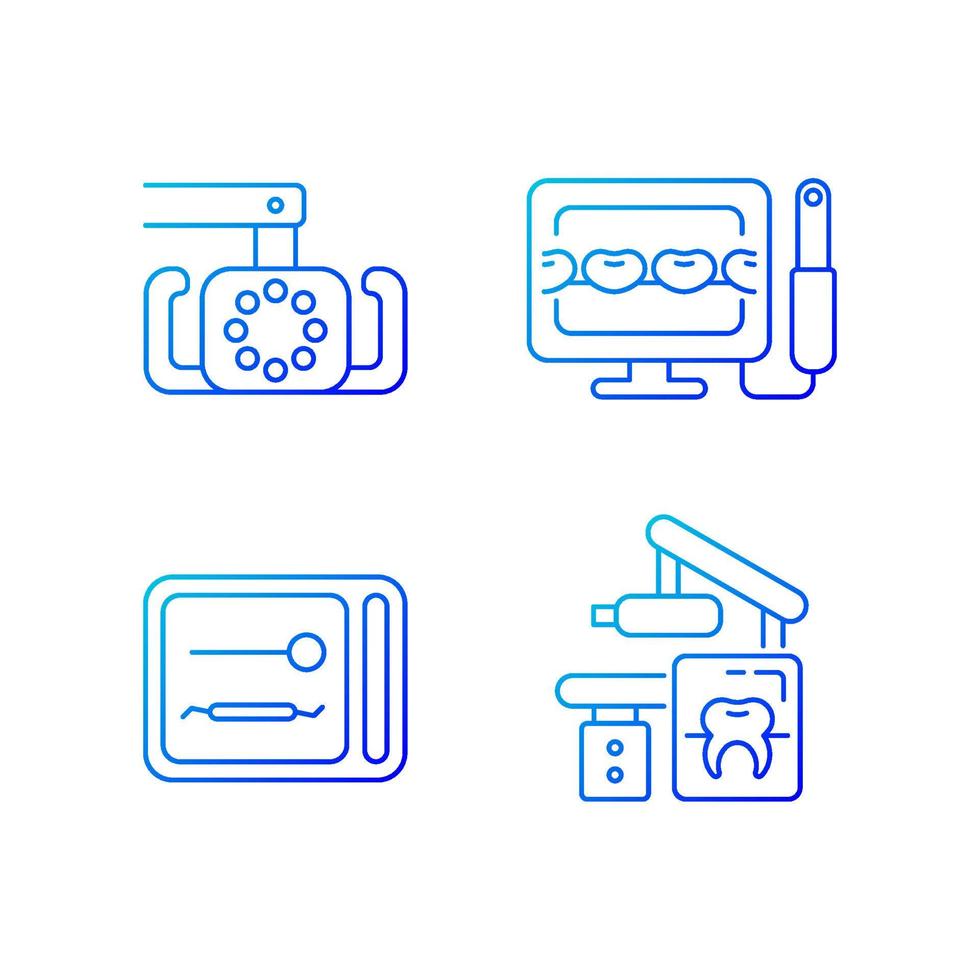 Dental devices gradient linear vector icons set. Lightening oral cavity. Intraoral camera. UV sterilizer box. Thin line contour symbols bundle. Isolated outline illustrations collection