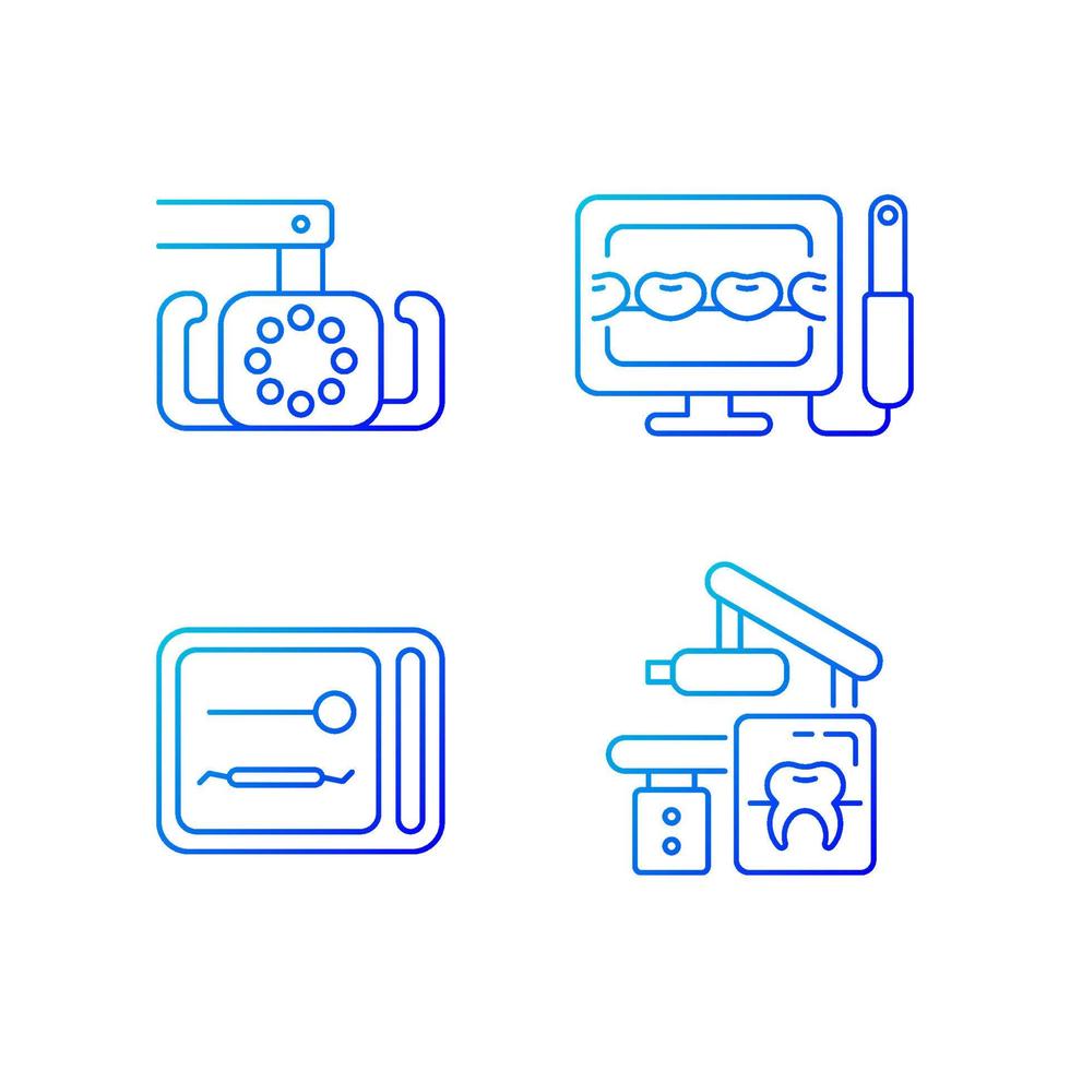 conjunto de iconos de vector lineal de gradiente de dispositivos dentales. aligeramiento de la cavidad oral. cámara intraoral. caja de esterilizador ultravioleta. paquete de símbolos de contorno de línea delgada. colección de ilustraciones de contorno aislado