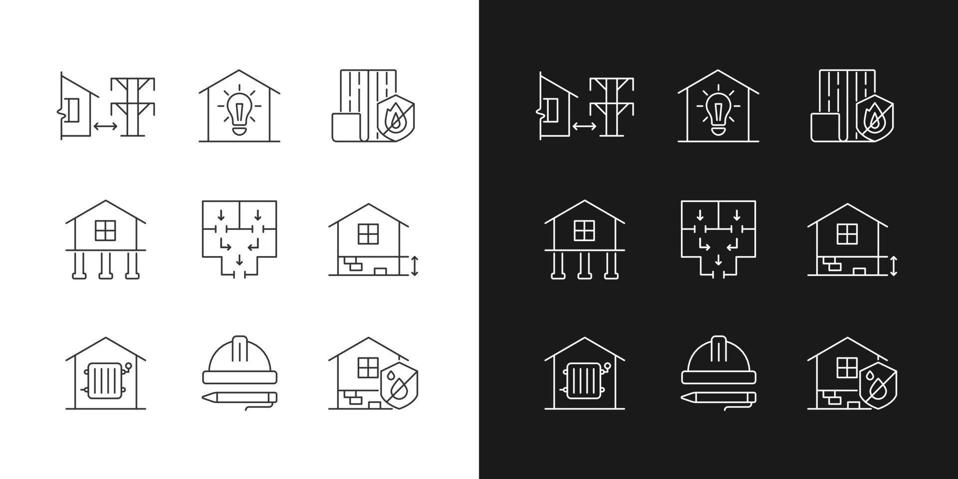 Building safety regulations linear icons set for dark and light mode. Adequate housing. Resistance to fire. Customizable thin line symbols. Isolated vector outline illustrations. Editable stroke