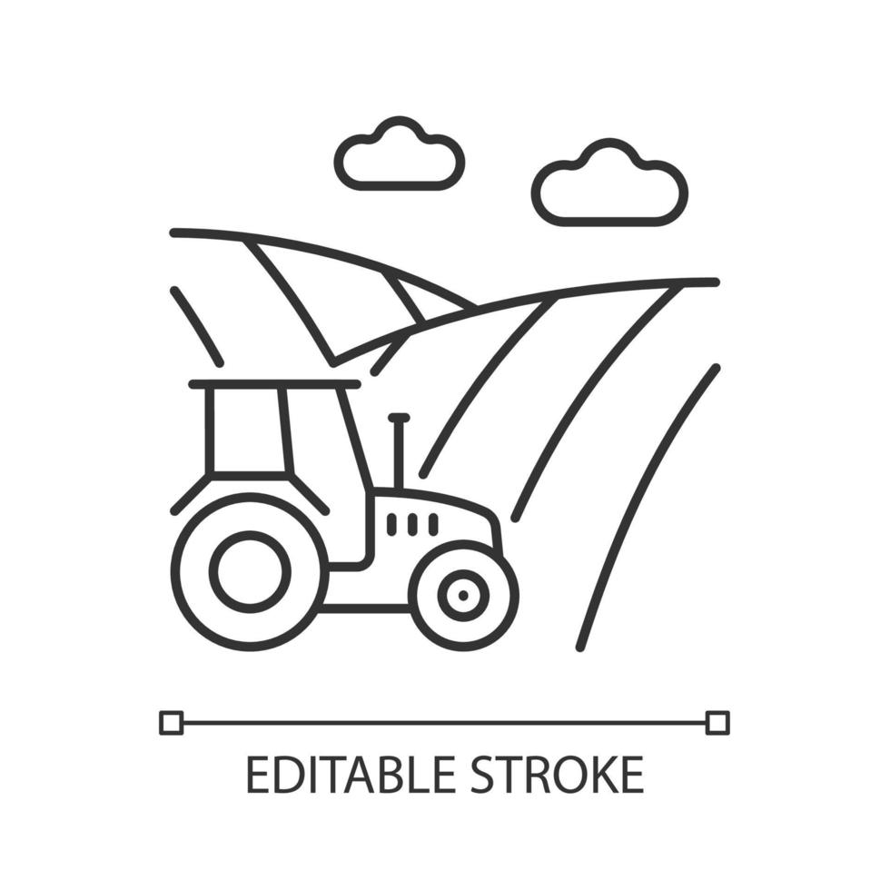 Arable land linear icon. Ploughed field. Cropland. Cultivated soil. Agricultural landform. Thin line customizable illustration. Contour symbol. Vector isolated outline drawing. Editable stroke