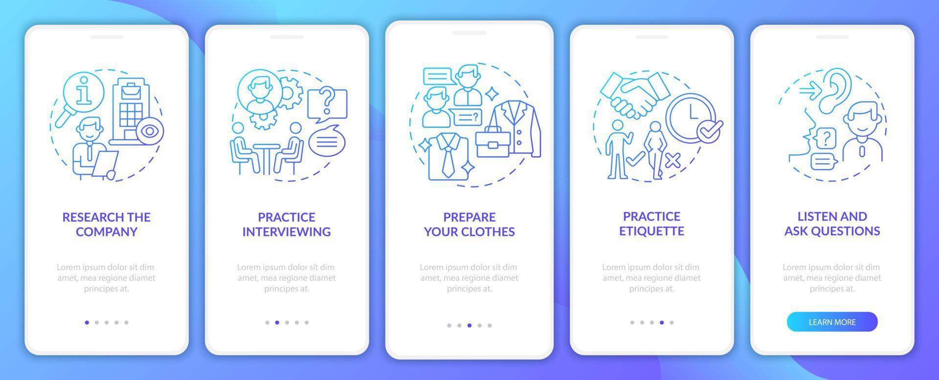 Preparing for job interview gradient blue onboarding mobile app page screen. Walkthrough 5 steps graphic instructions with concepts. UI, UX, GUI vector template with linear color illustrations