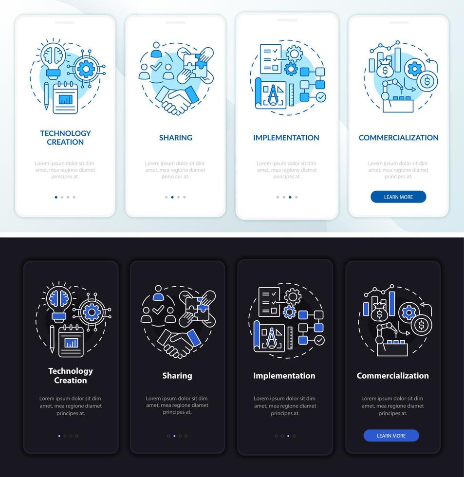 Pasos de transferencia de tecnología para incorporar la pantalla de la página de la aplicación móvil. cree y comparta instrucciones gráficas de 4 pasos con conceptos. ui, ux, plantilla vectorial gui con ilustraciones lineales en modo día y noche vector