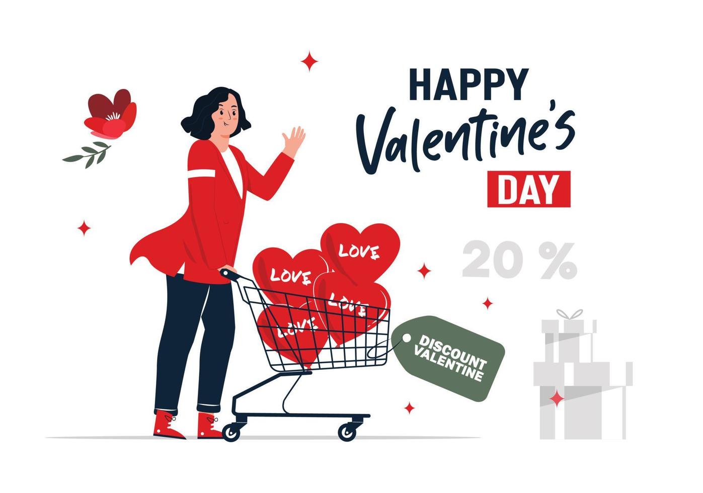 Valentine's Day illustration of a person carrying a discount trolley on Valentine's Day vector