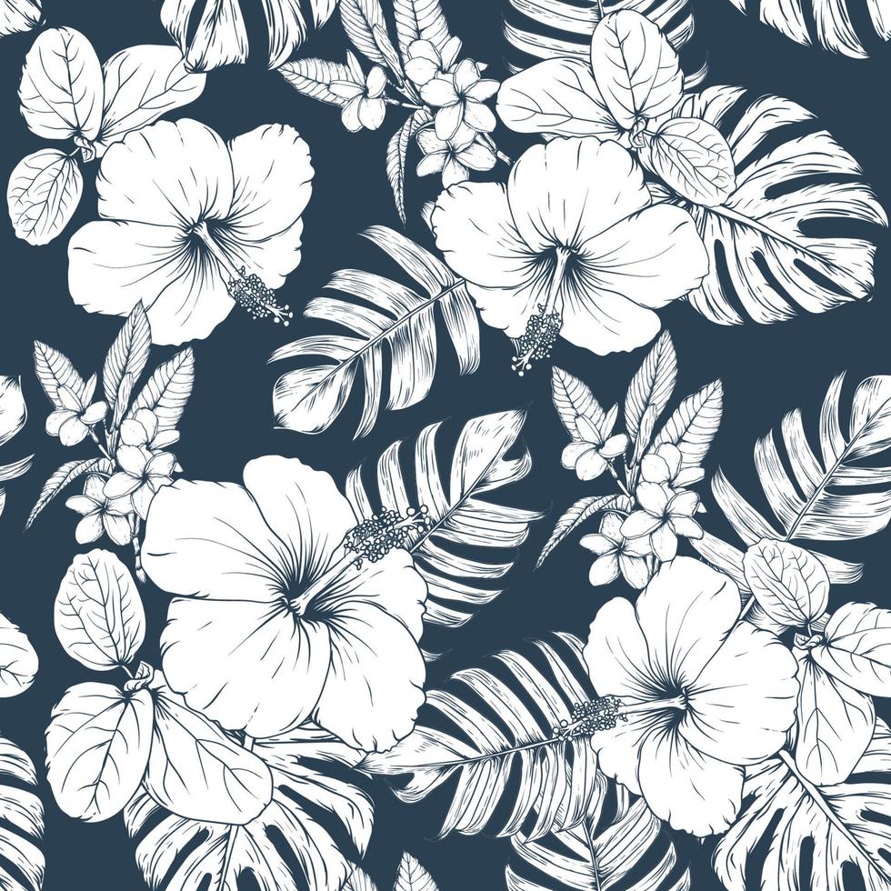 Seamless floral pattern Hibiscus and frangipani flowers abstract background.Vector illustration hand drawning.For fabric print design texture vector