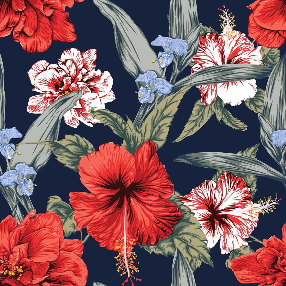 Seamless pattern tropical floral with red Hibiscus flowers and blue orchid abstract background.Vector illustration hand drawing dry watercolor style.For fabric pattern print design. vector