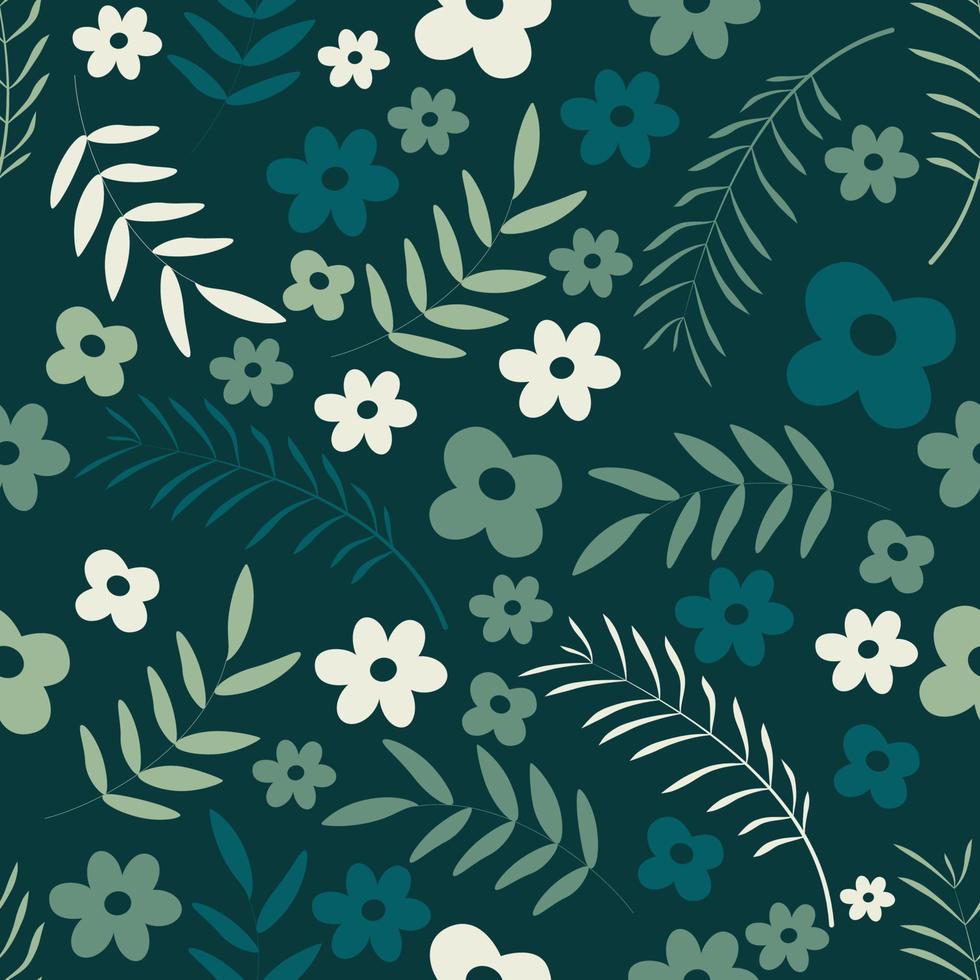 Floral seamless pattern in white, green, and blue background vector