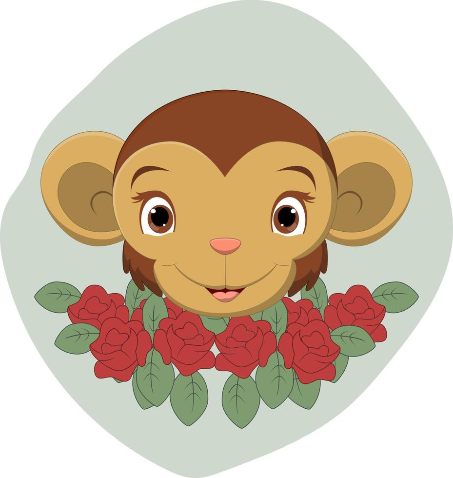 linda caricatura de cabeza de mono con flores vector