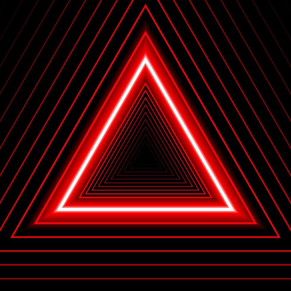 Triangle shape red lines glow neon, on a black background. Linear template for business card, cover layout, brochure, flyer, corporate page, poster, banner, web design. Vector illustration.