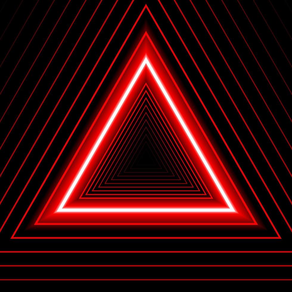 Triangle shape red lines glow neon, on a black background. Linear template for business card, cover layout, brochure, flyer, corporate page, poster, banner, web design. Vector illustration.