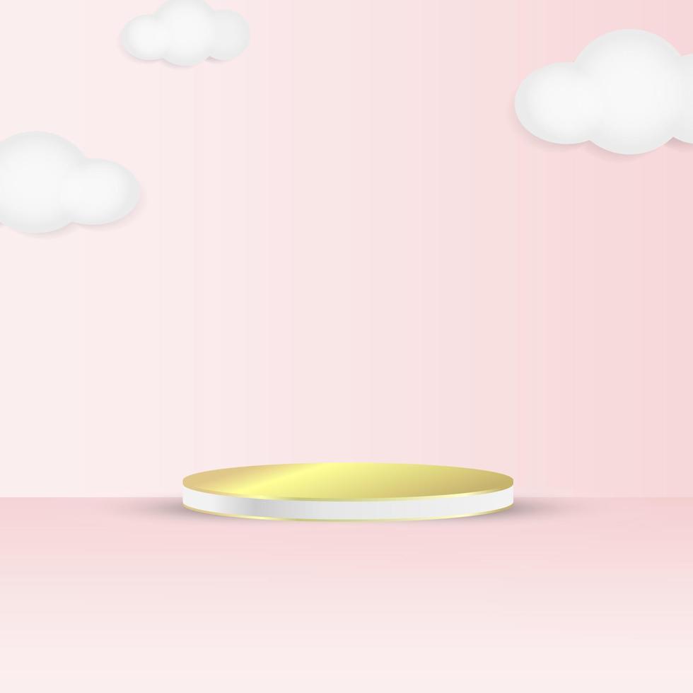 3d podium on pink background and clouds. geometric circle shape golden podium texture. for product showcases and advertising mockups. modern templates vector