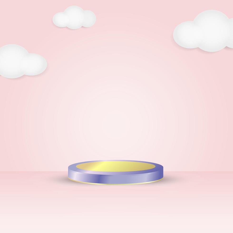 Podio mínimo 3d sobre fondo rosa y nubes. textura de podio de oro púrpura en forma de círculo geométrico. para escaparates de productos y maquetas publicitarias. plantillas modernas vector