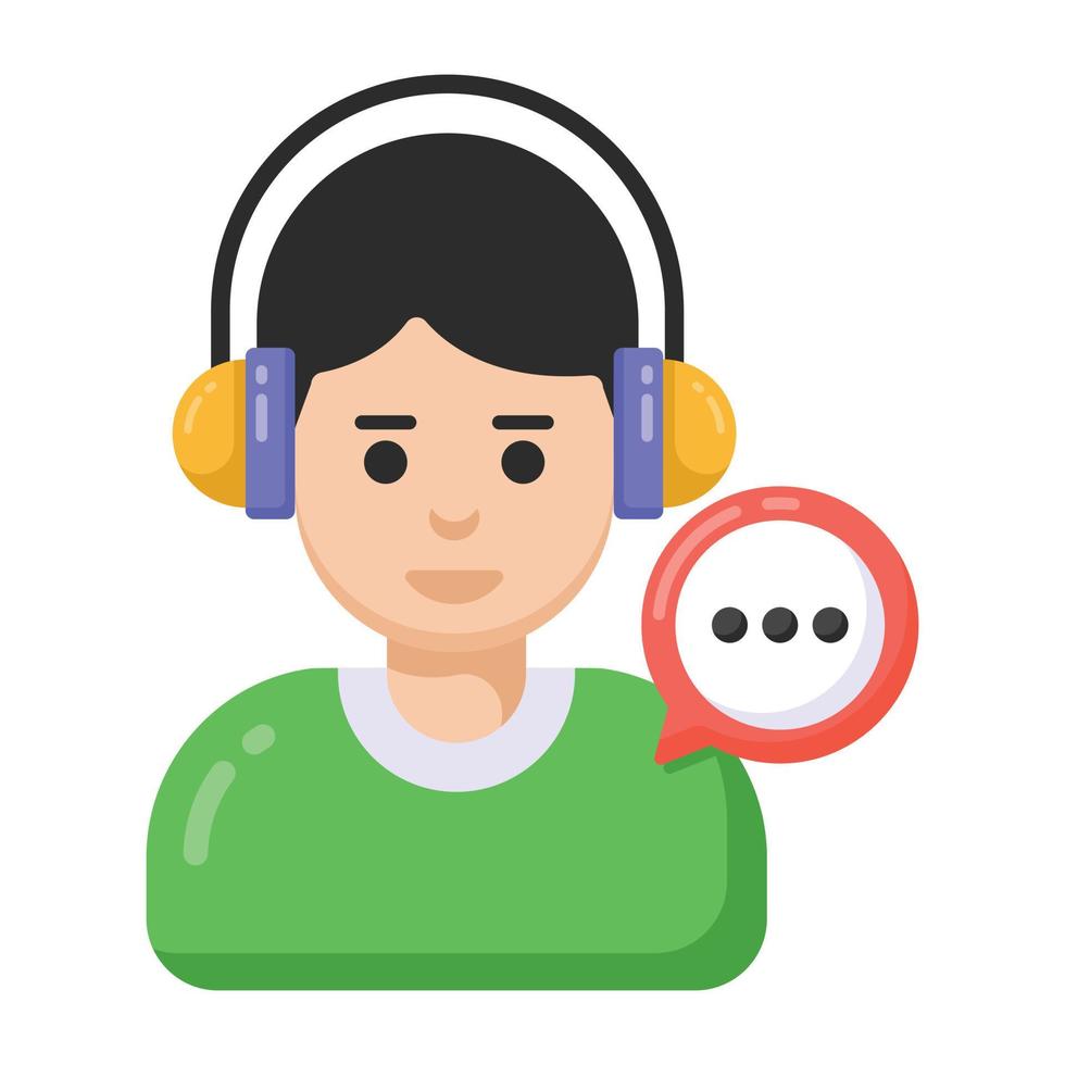 burbuja de chat con avatar con auriculares, icono de aprendizaje de audio vector