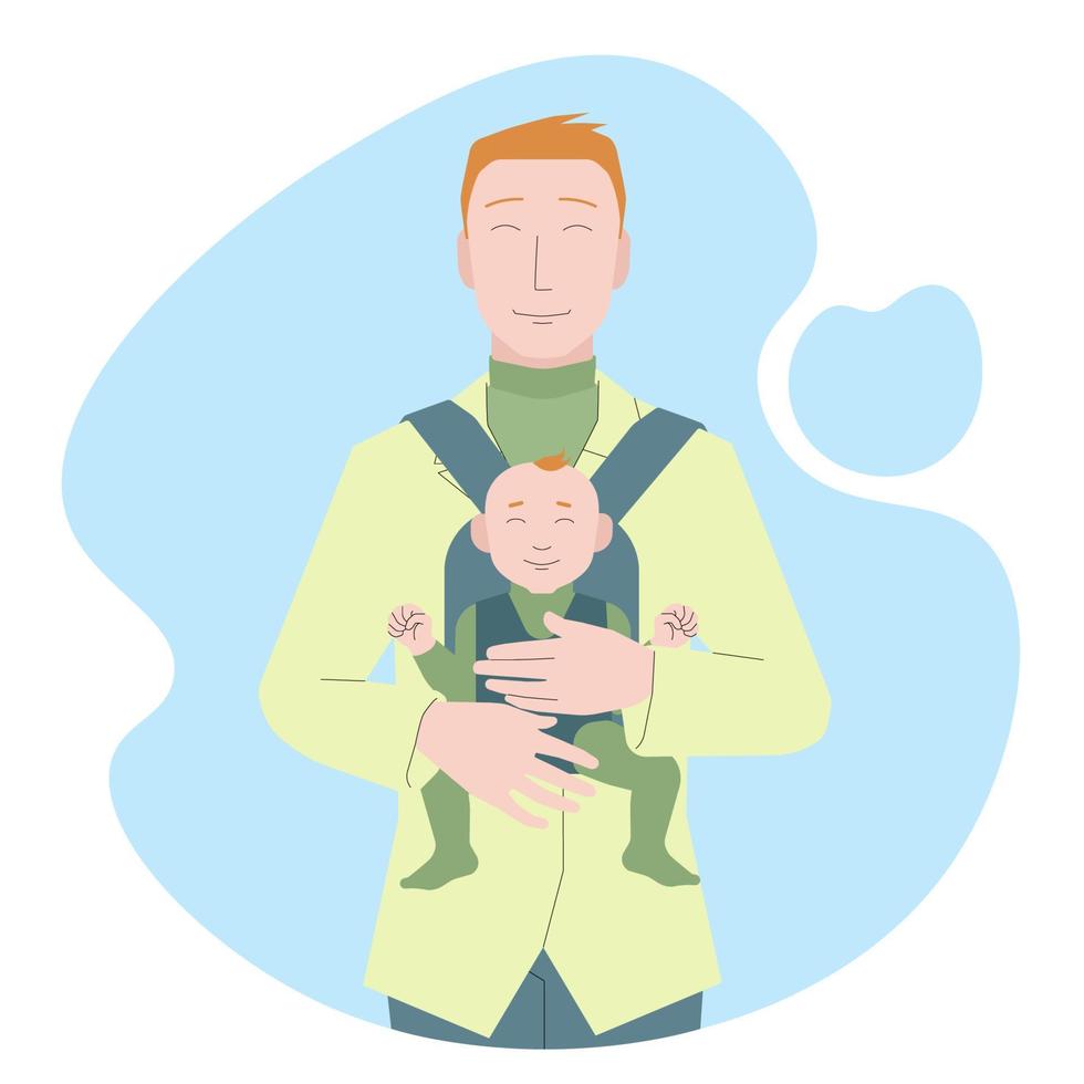 hombre pelirrojo cargando bebé. papá sonriente sosteniendo a un niño. padre soltero con portabebés. familia feliz. ilustración vectorial para el día del padre vector