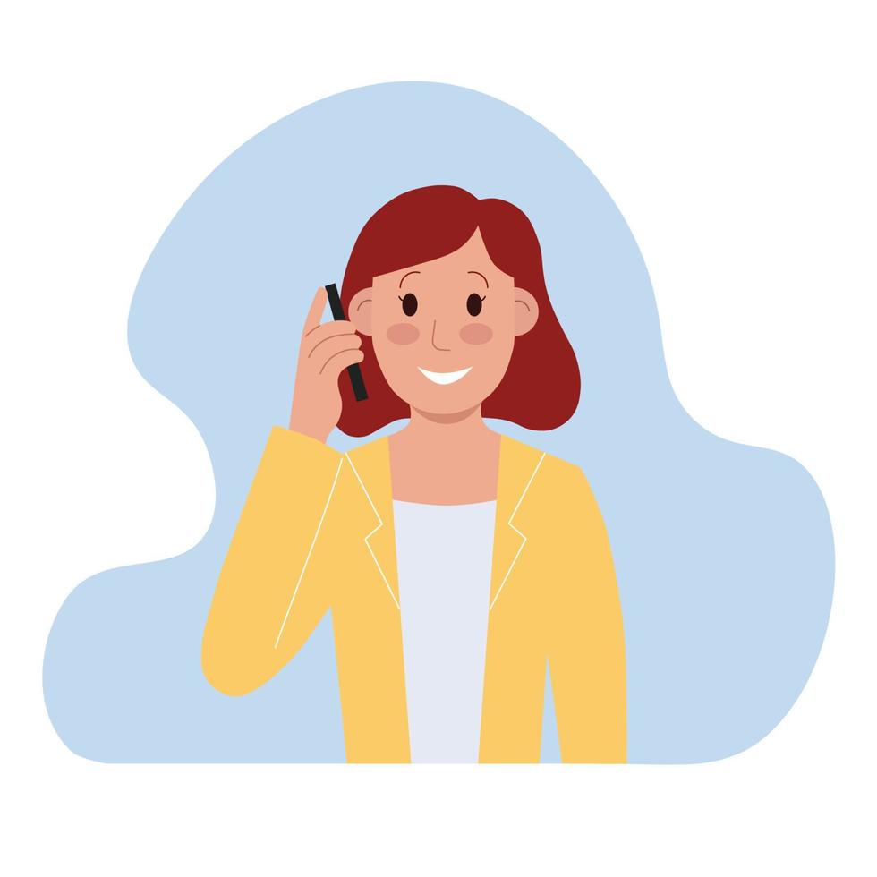 mujer joven sonriente hablando por teléfono inteligente. ilustración vectorial en estilo plano de dibujos animados sobre fondo azul vector