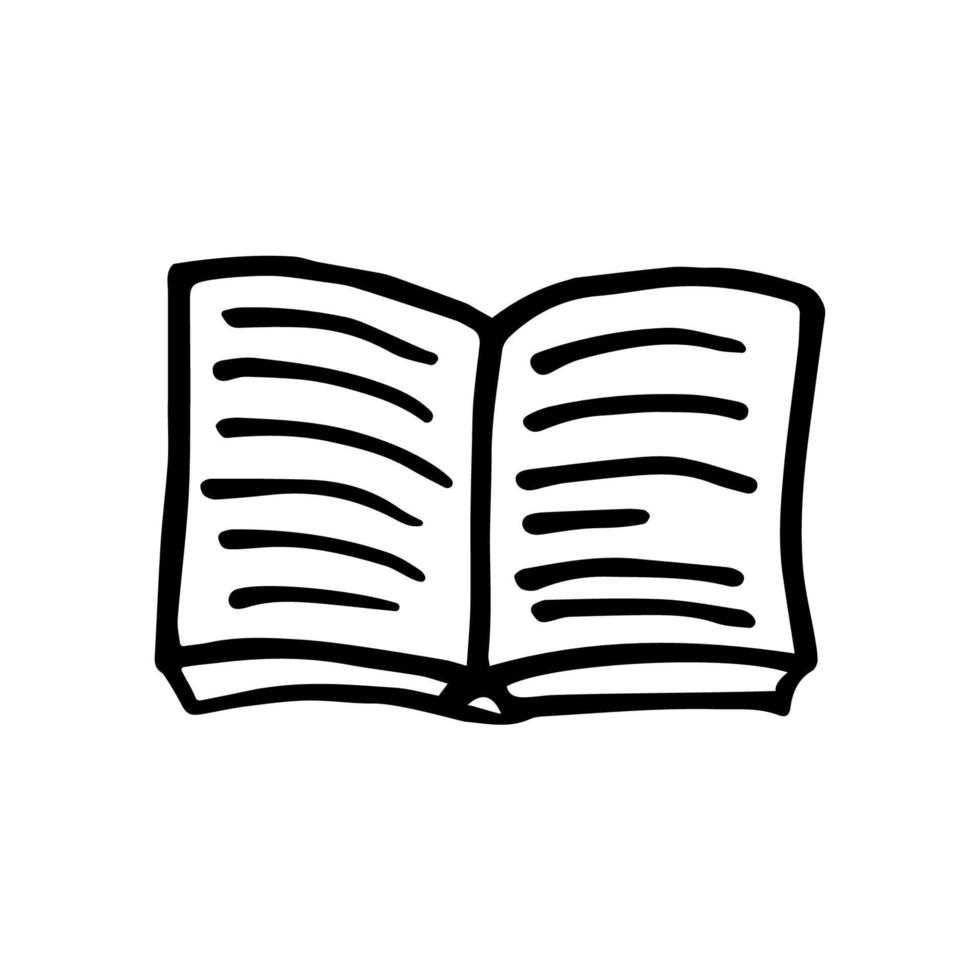 Open book in doodle style.Textbook vector illustration isolated on white background. Hand drawing simple logo for school or university library