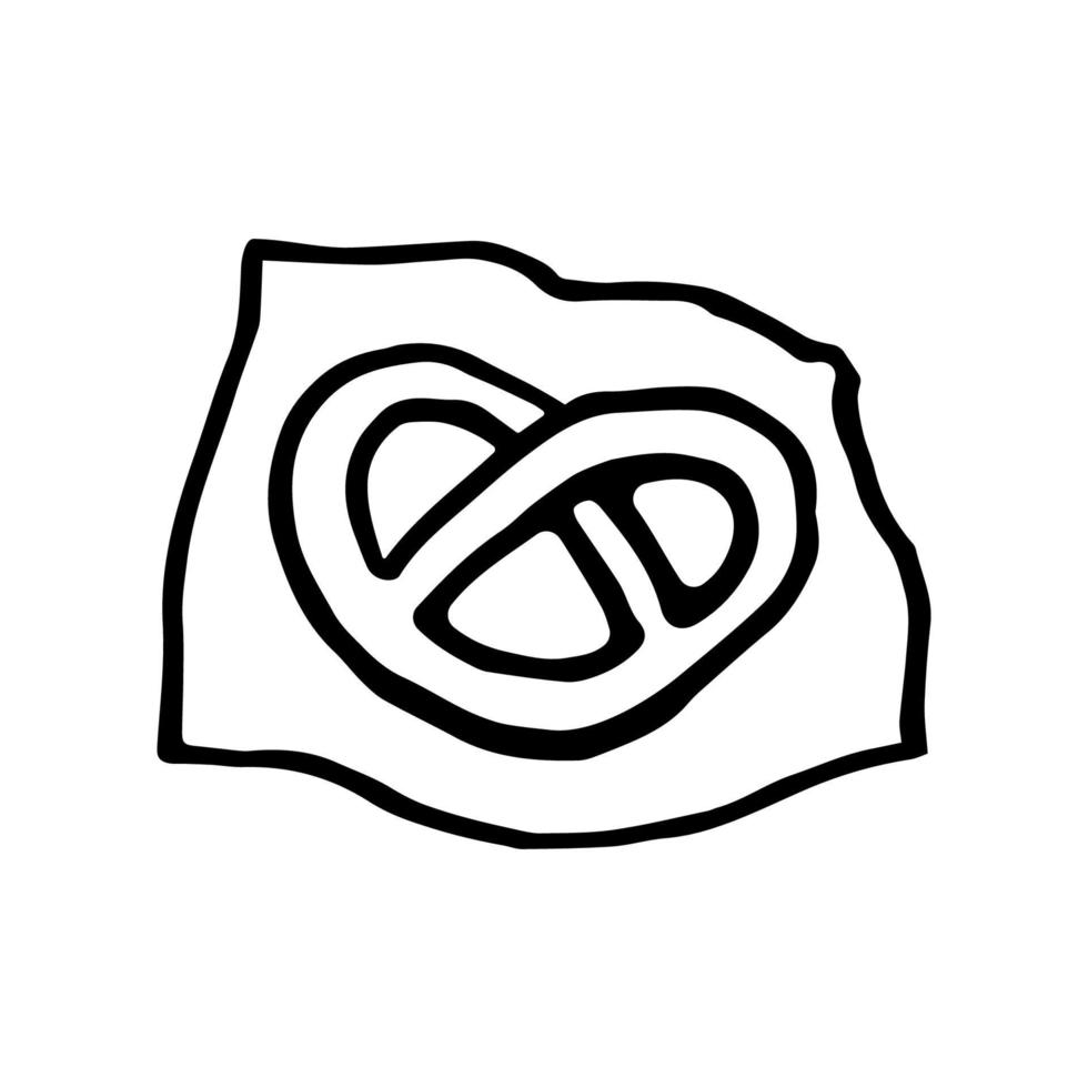 pretzel dibujado a mano en una servilleta de papel. símbolo de merienda en estilo garabato. ilustración vectorial aislado sobre fondo blanco vector