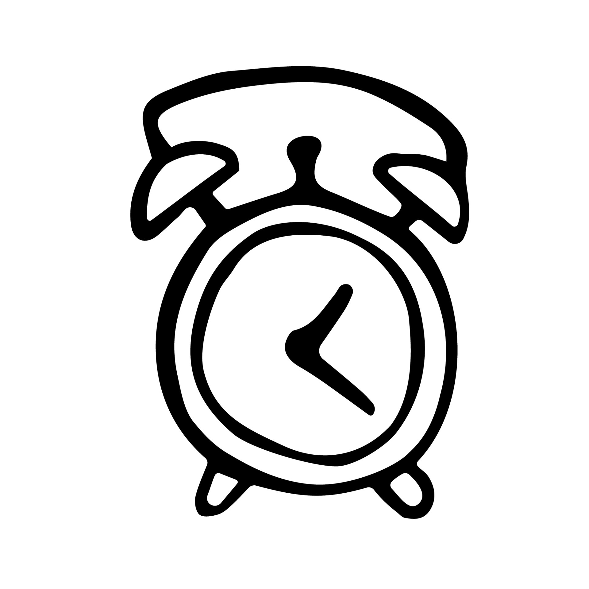 Alarm clock in doodle style. Black and white watch. Symbol of deadline
