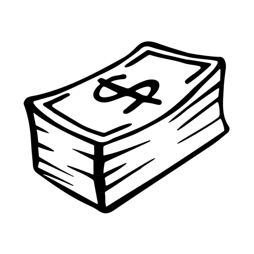 A big wad of cash. Money banknotes or dollar bill icon in doodle style. Hand drawn black logo of cash isolated on white. vector