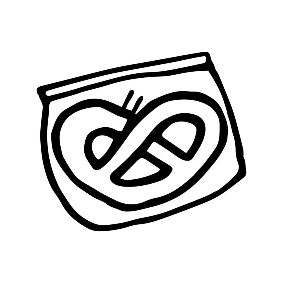 pretzel dibujado a mano en un paquete de plástico. símbolo de merienda en estilo garabato. ilustración vectorial aislado sobre fondo blanco vector